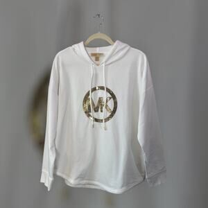 NWT Michael Kors White with Gold Sequin Logo Pullover Hoodie Size L